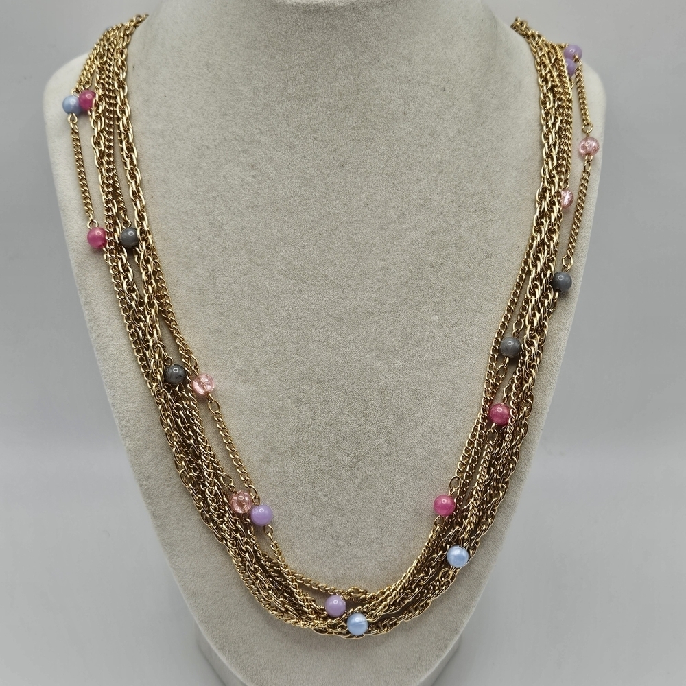 VINTAGE Gold Tone Multi Strand Pastel Bead Accent Opera Length 52" Long Necklace